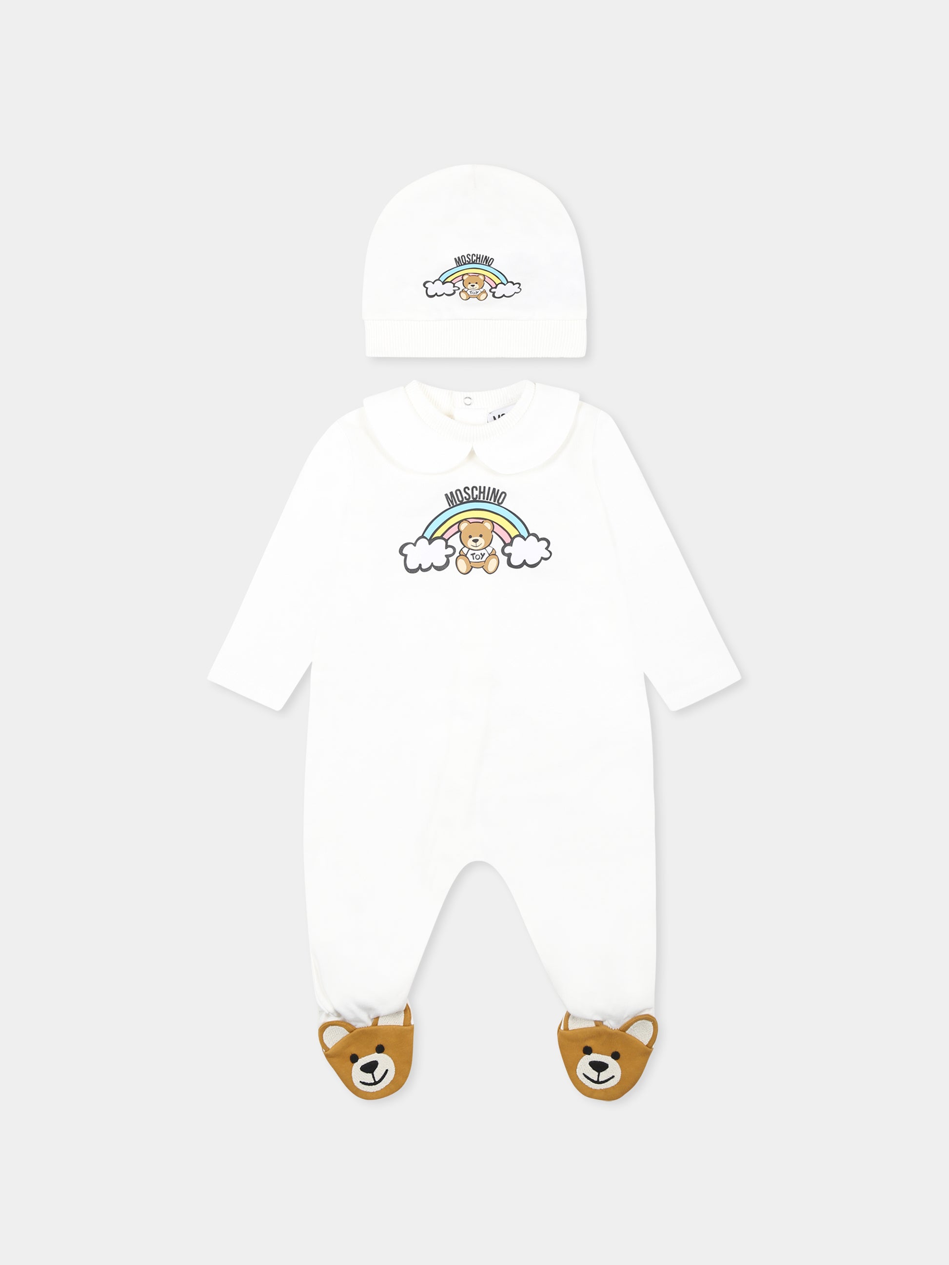 Set tutina avorio per neonati con Teddy Bear e arcobaleno,Moschino Kids,MMY065 LCA19 10063
