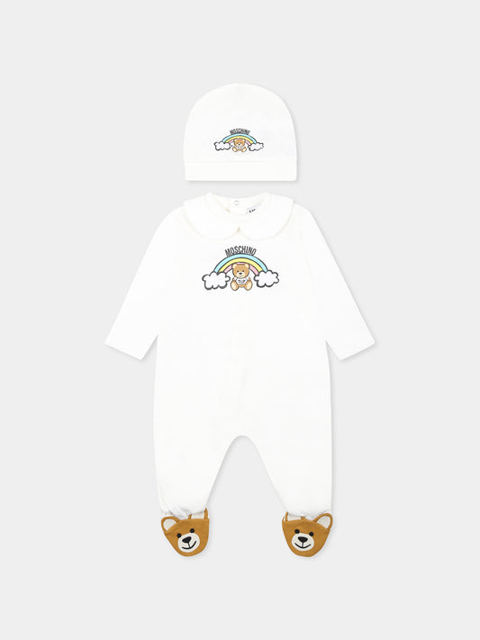 Set tutina avorio per neonati con Teddy Bear e arcobaleno,Moschino Kids,MMY065 LCA19 10063