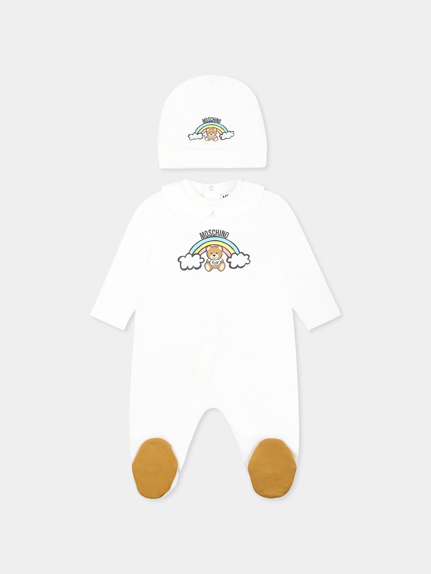 Set tutina avorio per neonati con Teddy Bear e arcobaleno,Moschino Kids,MMY065 LCA19 10063