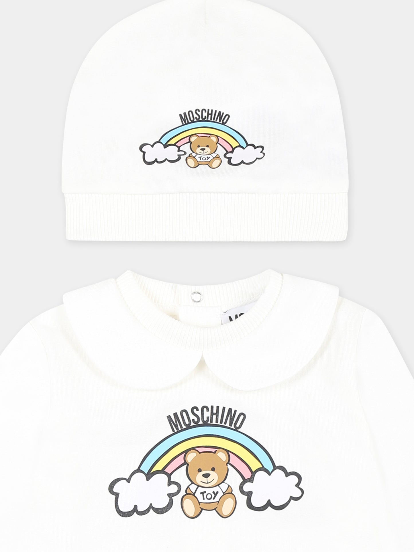 Set tutina avorio per neonati con Teddy Bear e arcobaleno,Moschino Kids,MMY065 LCA19 10063