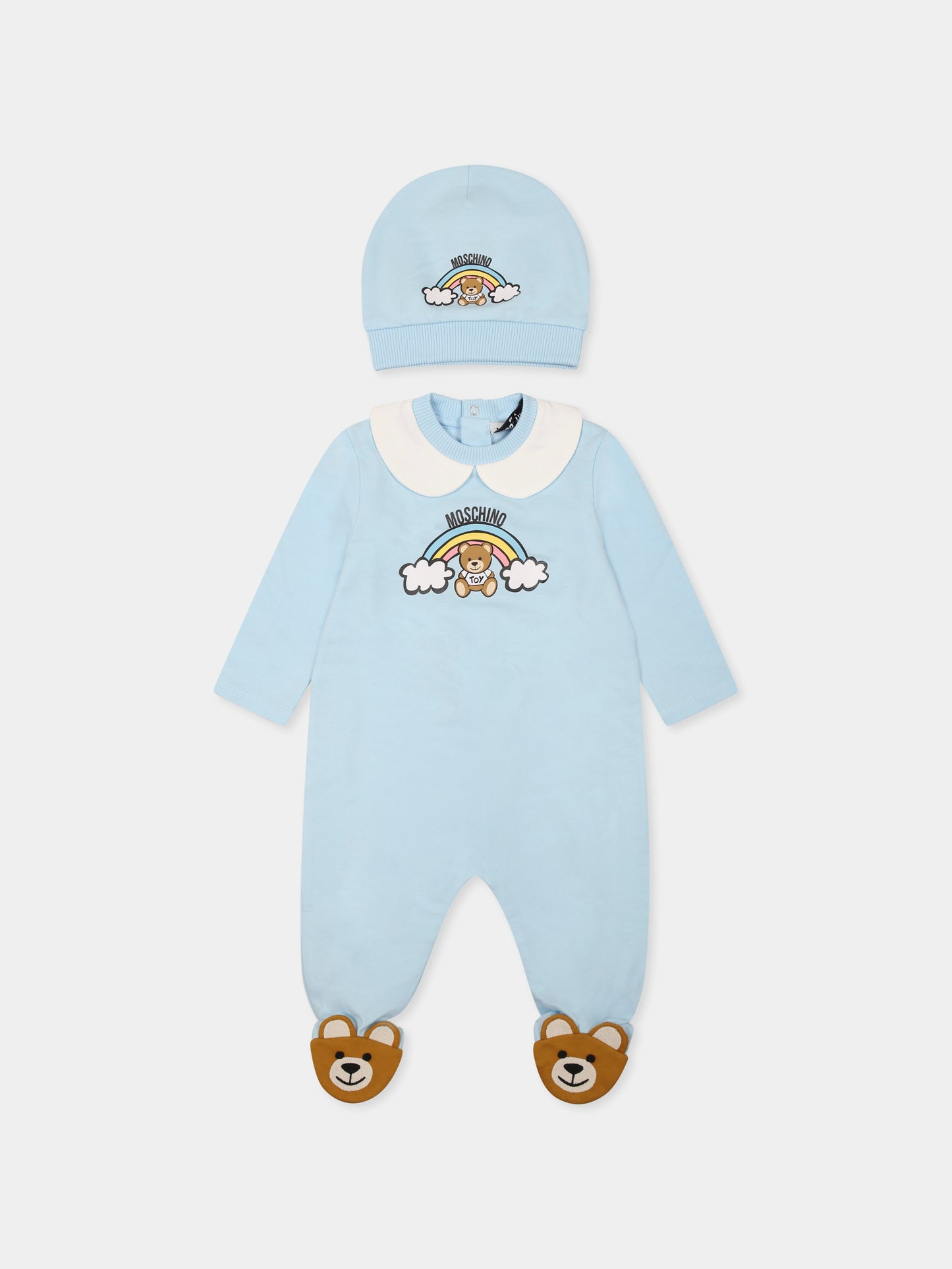 Set tutina celeste per neonato con Teddy Bear e arcobaleno,Moschino Kids,MMY065 LCA19 40304