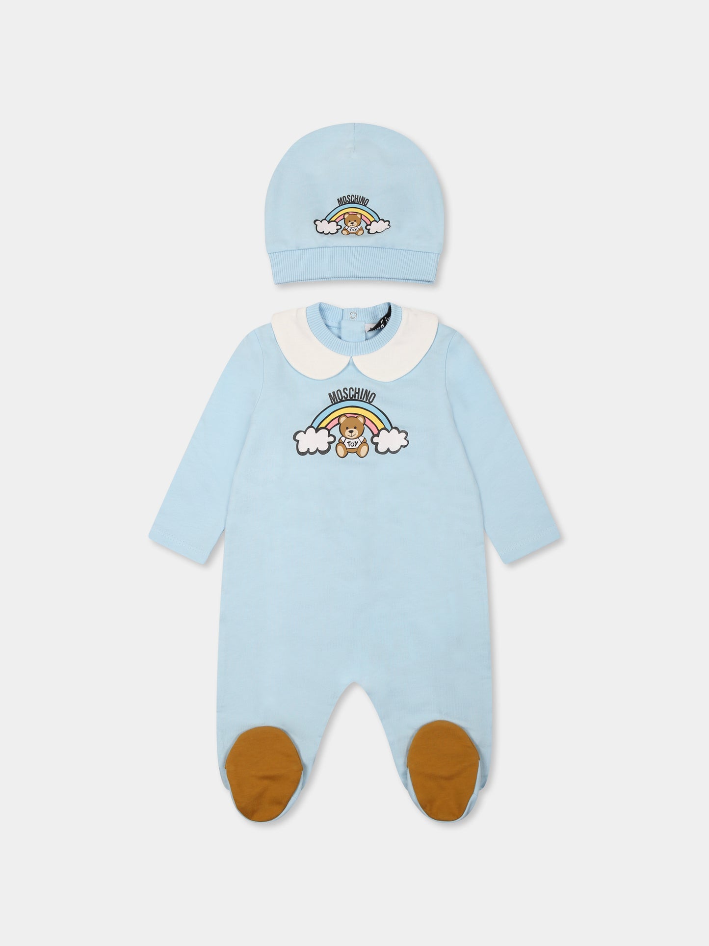 Set tutina celeste per neonato con Teddy Bear e arcobaleno,Moschino Kids,MMY065 LCA19 40304