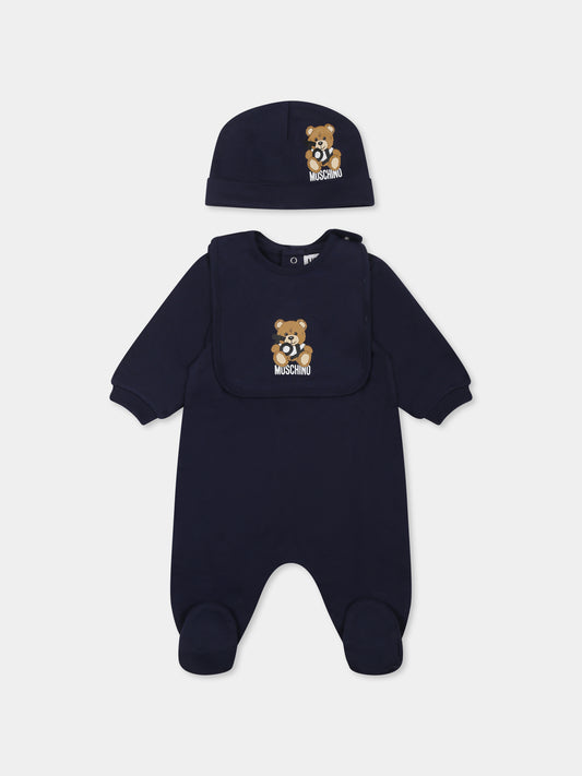 Set blu per neonato con Teddy Bear e logo,Moschino Kids,MNY04G LCA19 40016