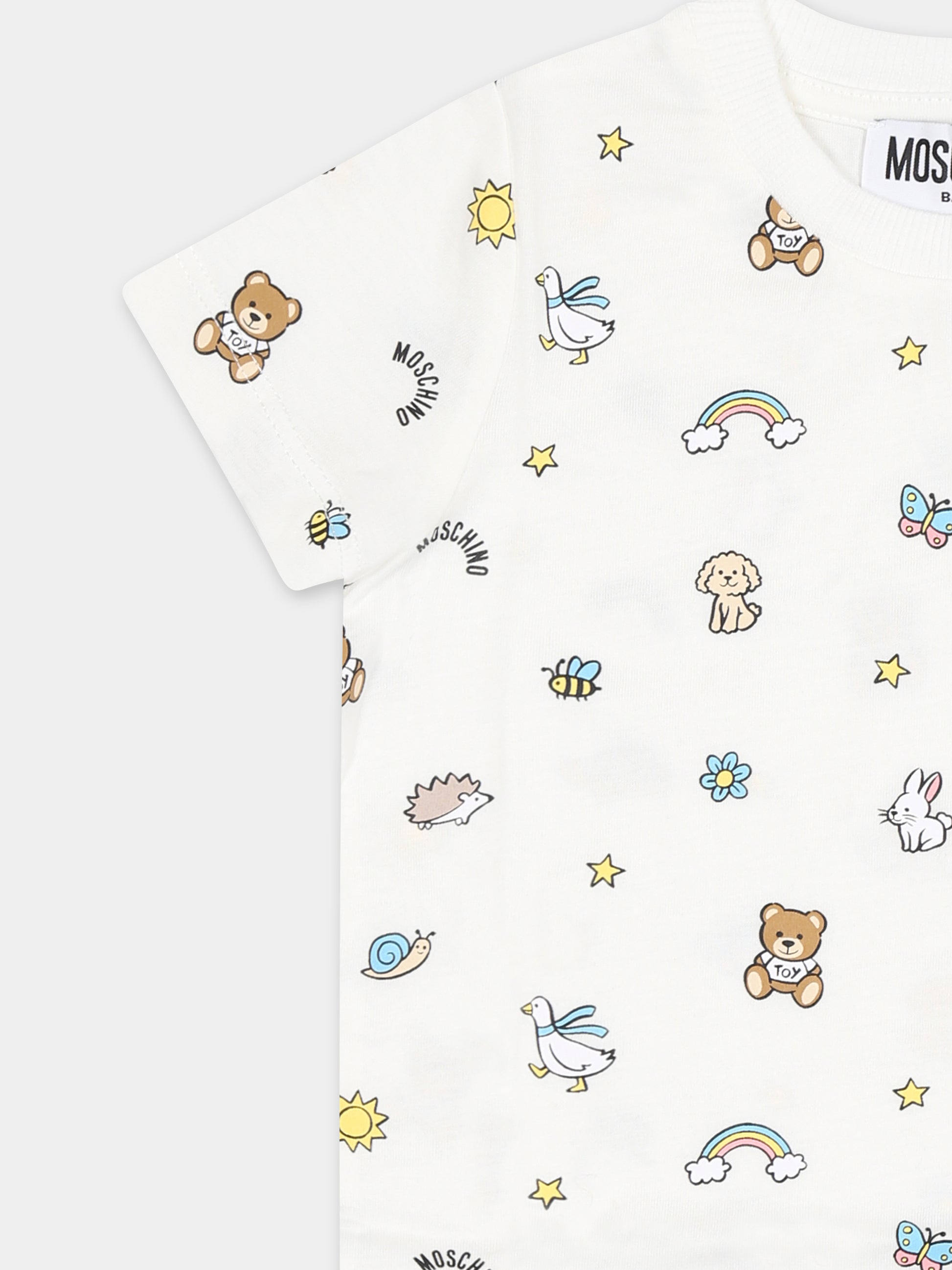 T-shirt avorio per neonati con Teddy Bear e stampa all over,Moschino Kids,MOM047 LABA6 83449