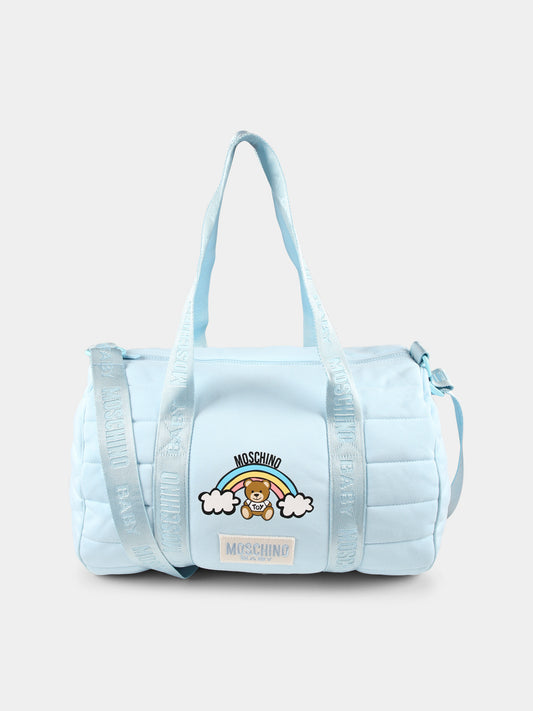 Borsa mamma celeste per neonato con Teddy Bear e arcobaleno,Moschino Kids,MPX03P LCA26 40304