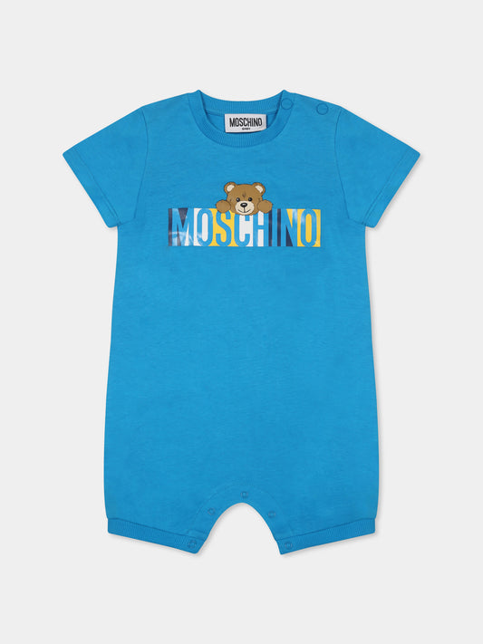 Pagliaccetto azzurro per neonato con Teddy Bear e logo,Moschino Kids,MPY022 LAA02 41047