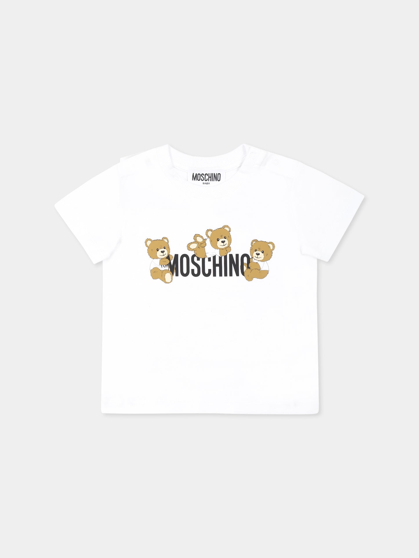 T-shirt bianca per neonati con tre Teddy Bears,Moschino Kids,MUM04A LAA03 10101