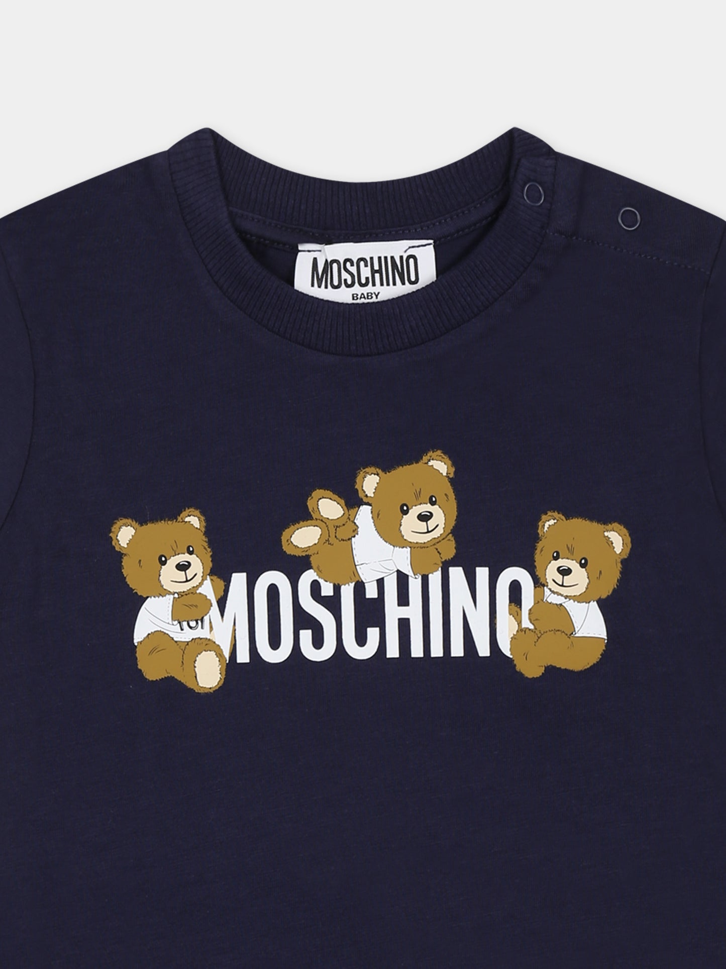 T-shirt blu per neonato con tre Teddy Bears,Moschino Kids,MUM04A LAA03 40016