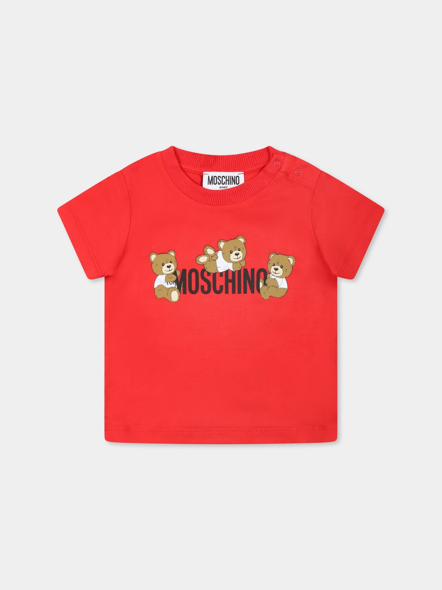 T-shirt rossa per neonati con tre Teddy Bears,Moschino Kids,MUM04A LAA03 50109