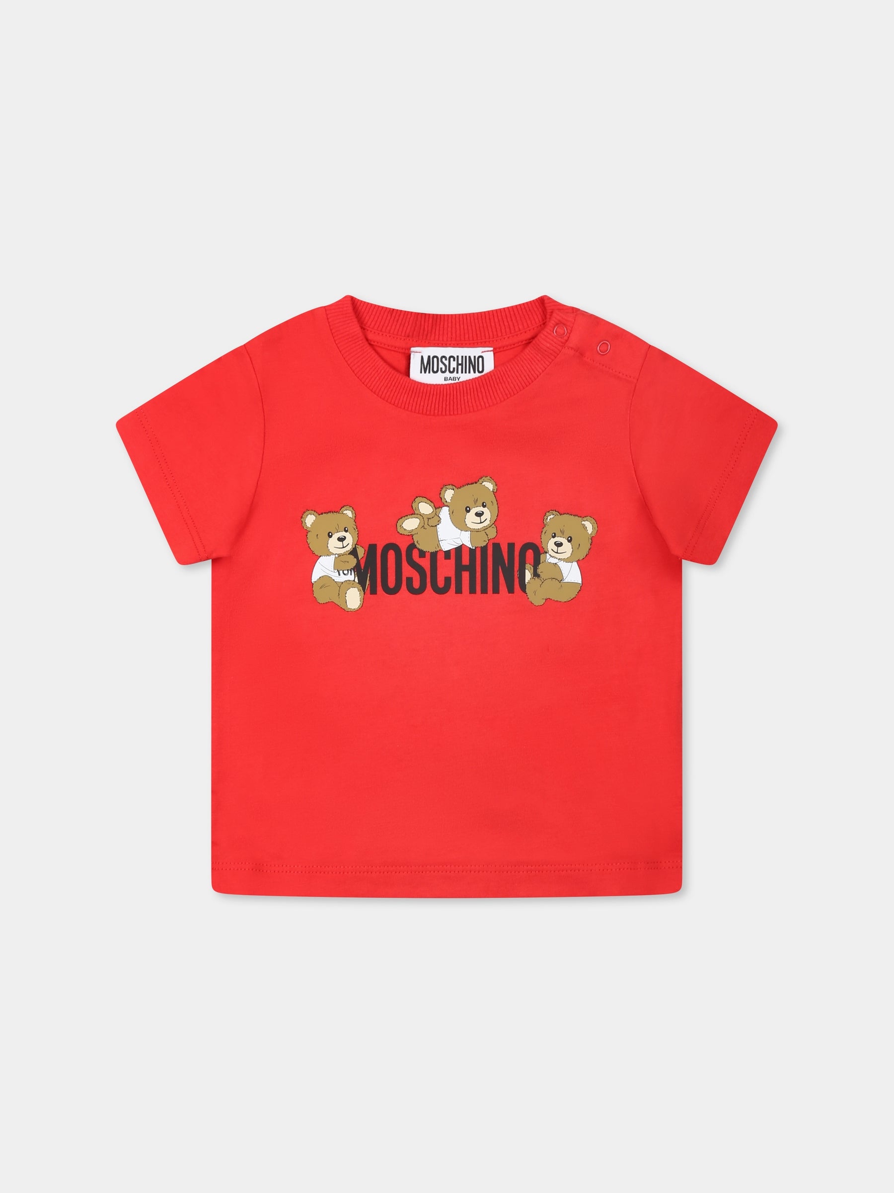 T-shirt rossa per neonati con tre Teddy Bears,Moschino Kids,MUM04A LAA03 50109