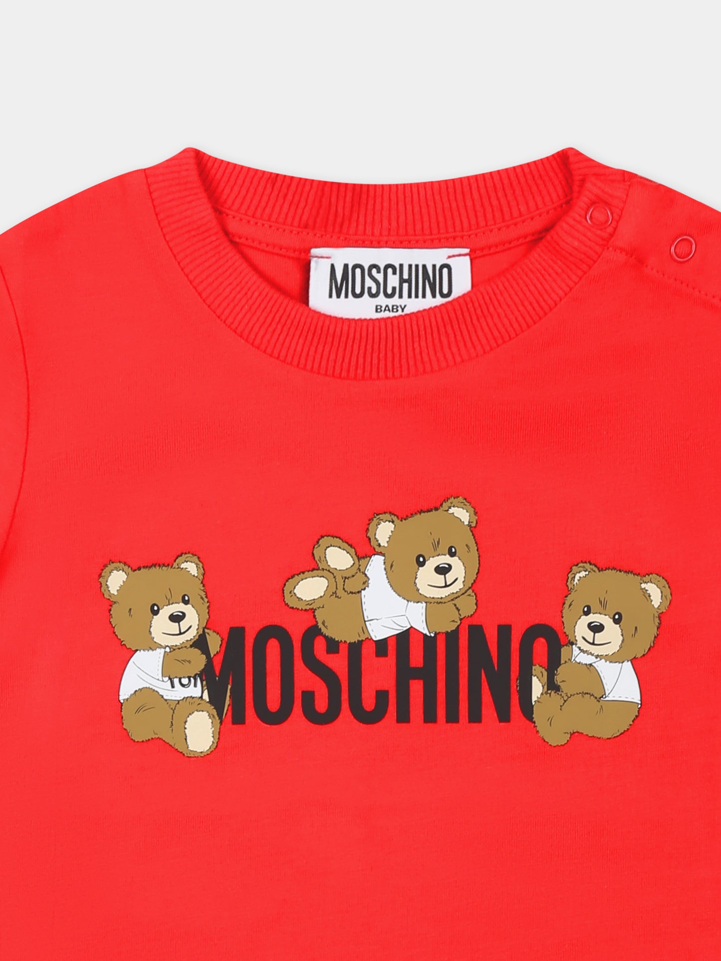T-shirt rossa per neonati con tre Teddy Bears,Moschino Kids,MUM04A LAA03 50109
