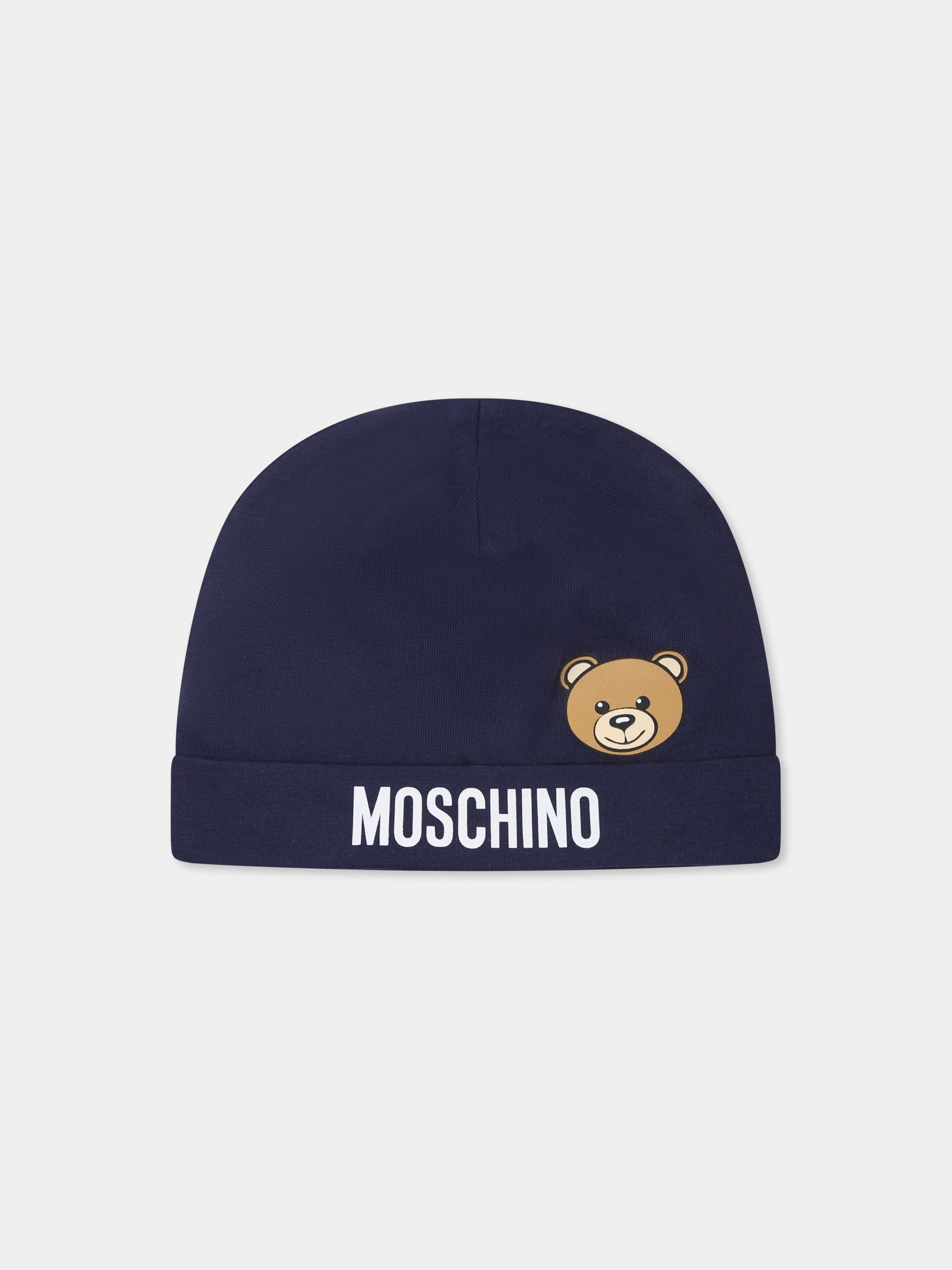 Berretto blu per neonato con Teddy Bear e logo,Moschino Kids,MUX05A LBA00 40016