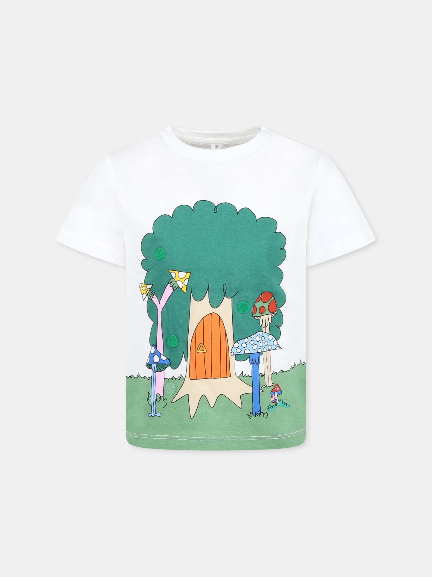 T-shirt bianca per bambino con stampa bosco e patch,Stella Mccartney Kids,TW8P31 Z0434 101