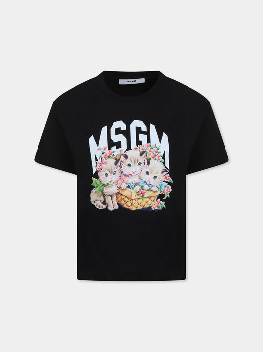 T-shirt nera per bambina con stampa gatti e  logo,Msgm Kids,S5MSJGTH109 110