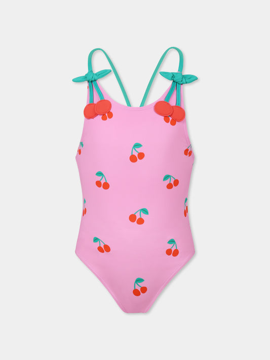 Pink swimsuit for girl with cherries