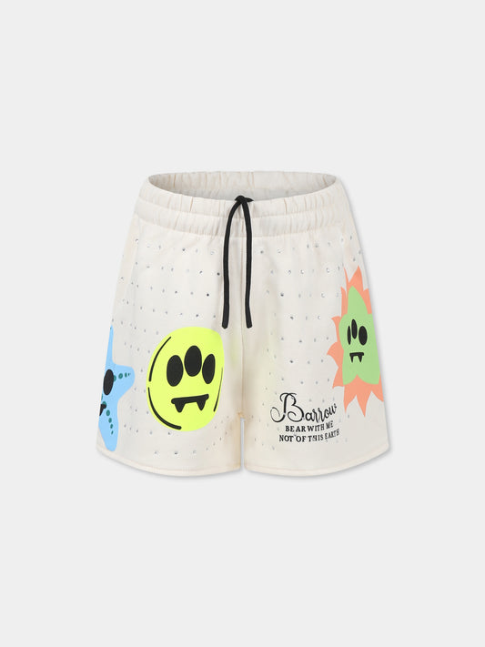 Shorts avorio per bambina con smile e strass,Barrow,S5BKJGSH166 013