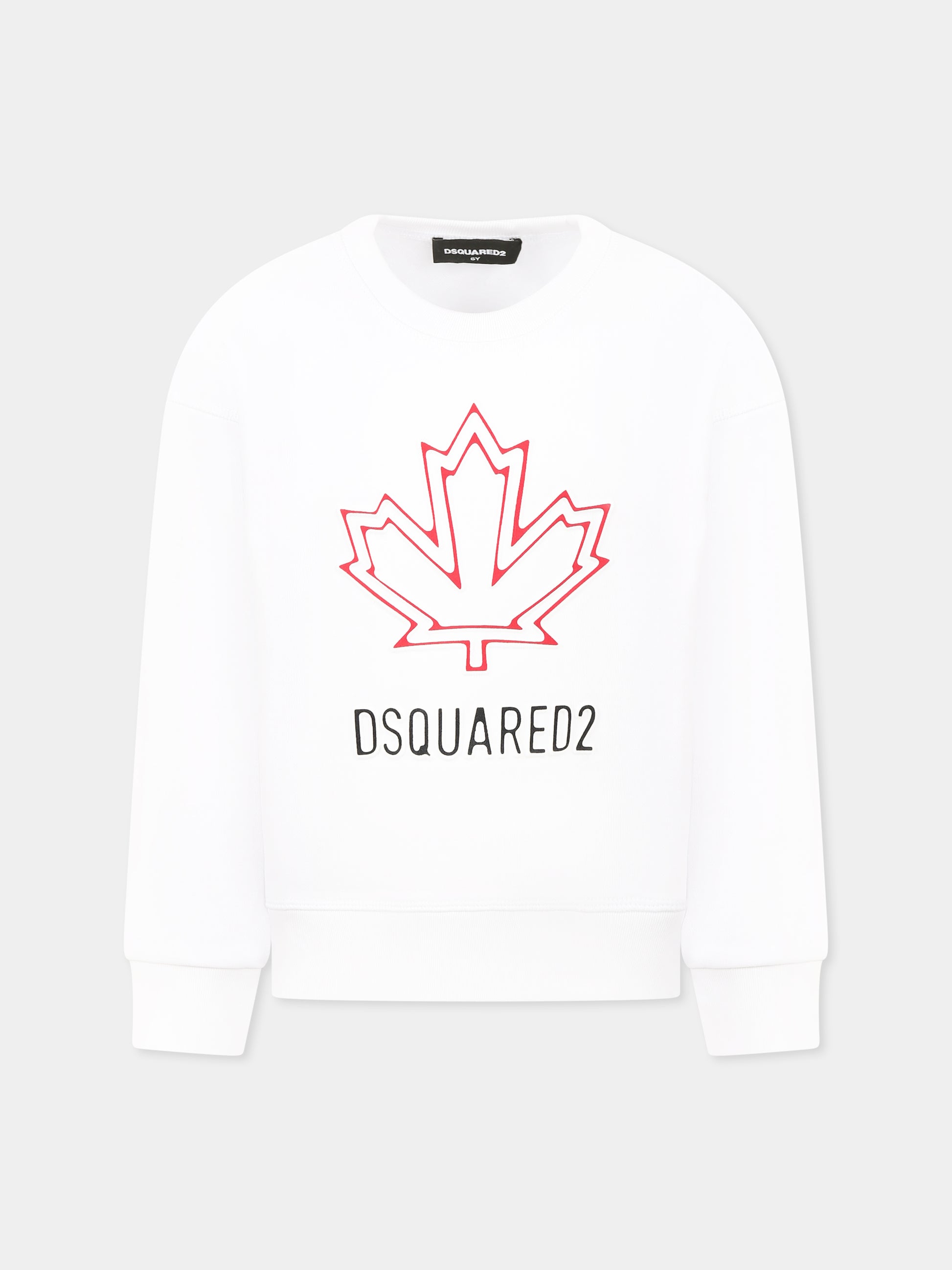 Felpa bianca per bambino con logo e foglia d'acero,Dsquared2,DQ2786 D0A9U D2S883U DQ100
