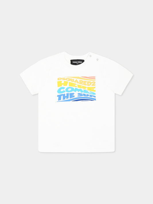 White T-shirt for baby boy with multicolor logo