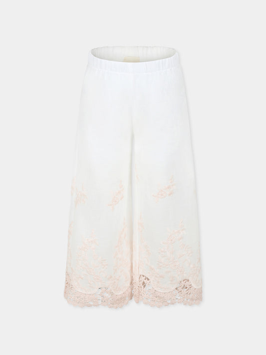 Pantaloni avorio per bambina con ricamo,Caffe' D'orzo,ZW6B30 M0061 100RS