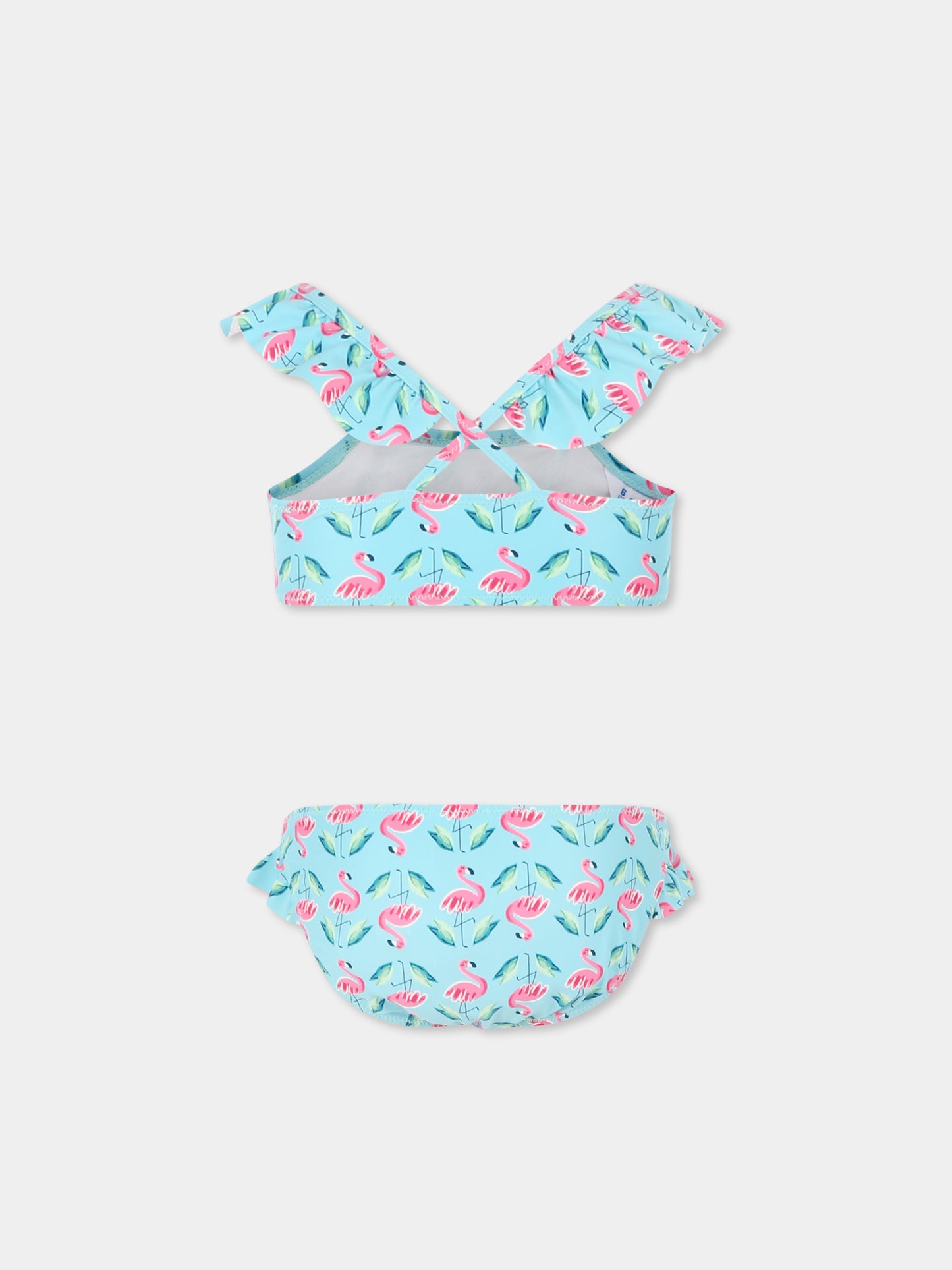 Light blue bikini for girl with flamingo