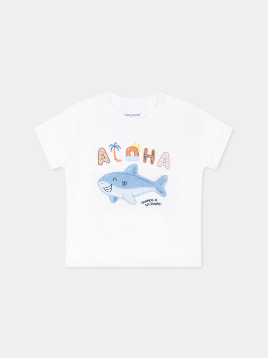 T-shirt bianca per neonato con stampa squalo e scritta,Mayoral,1066 056
