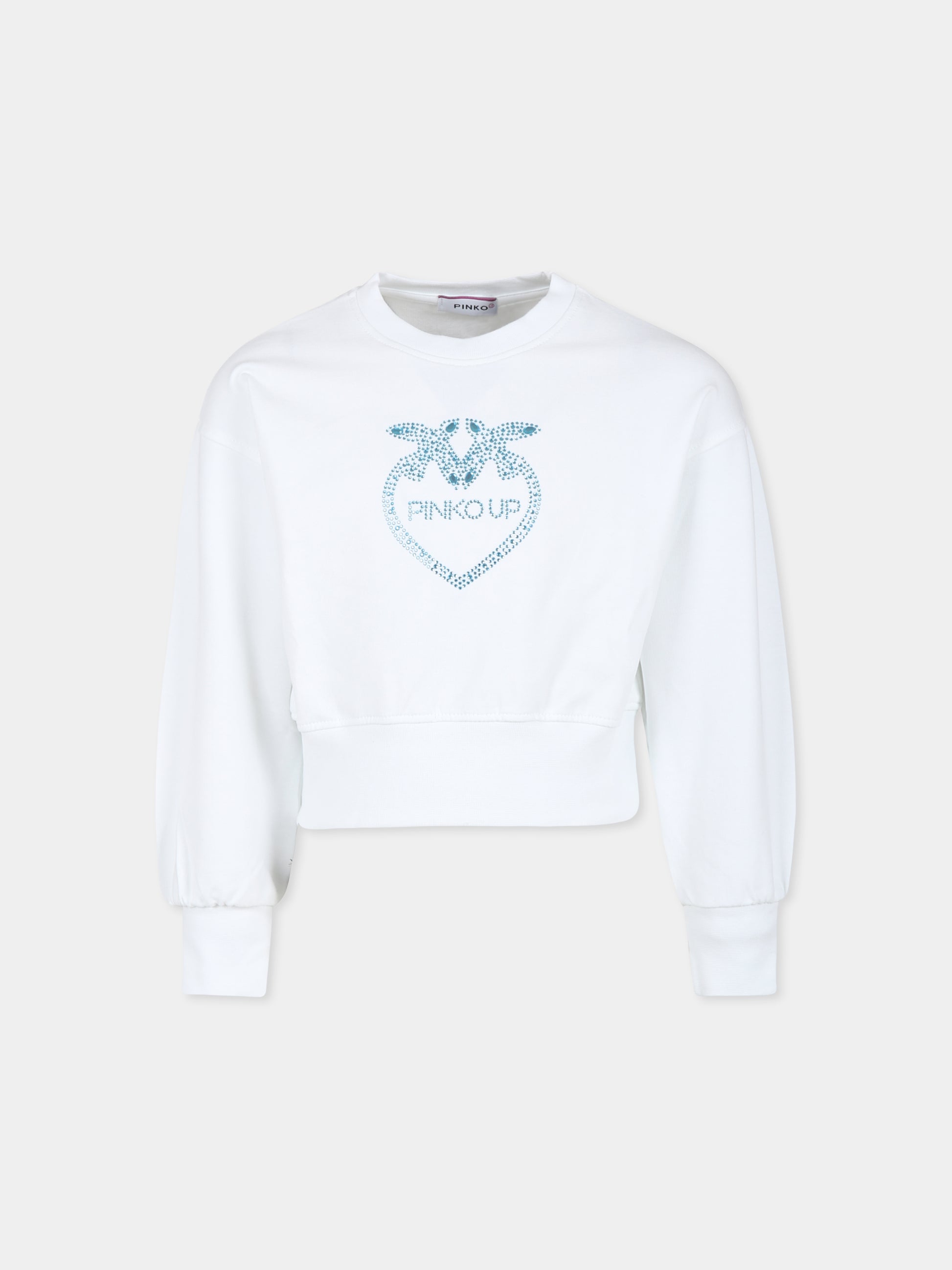 Felpa crop bianca per bambina con logo e strass,Pinko,S4PIBGSW133 001