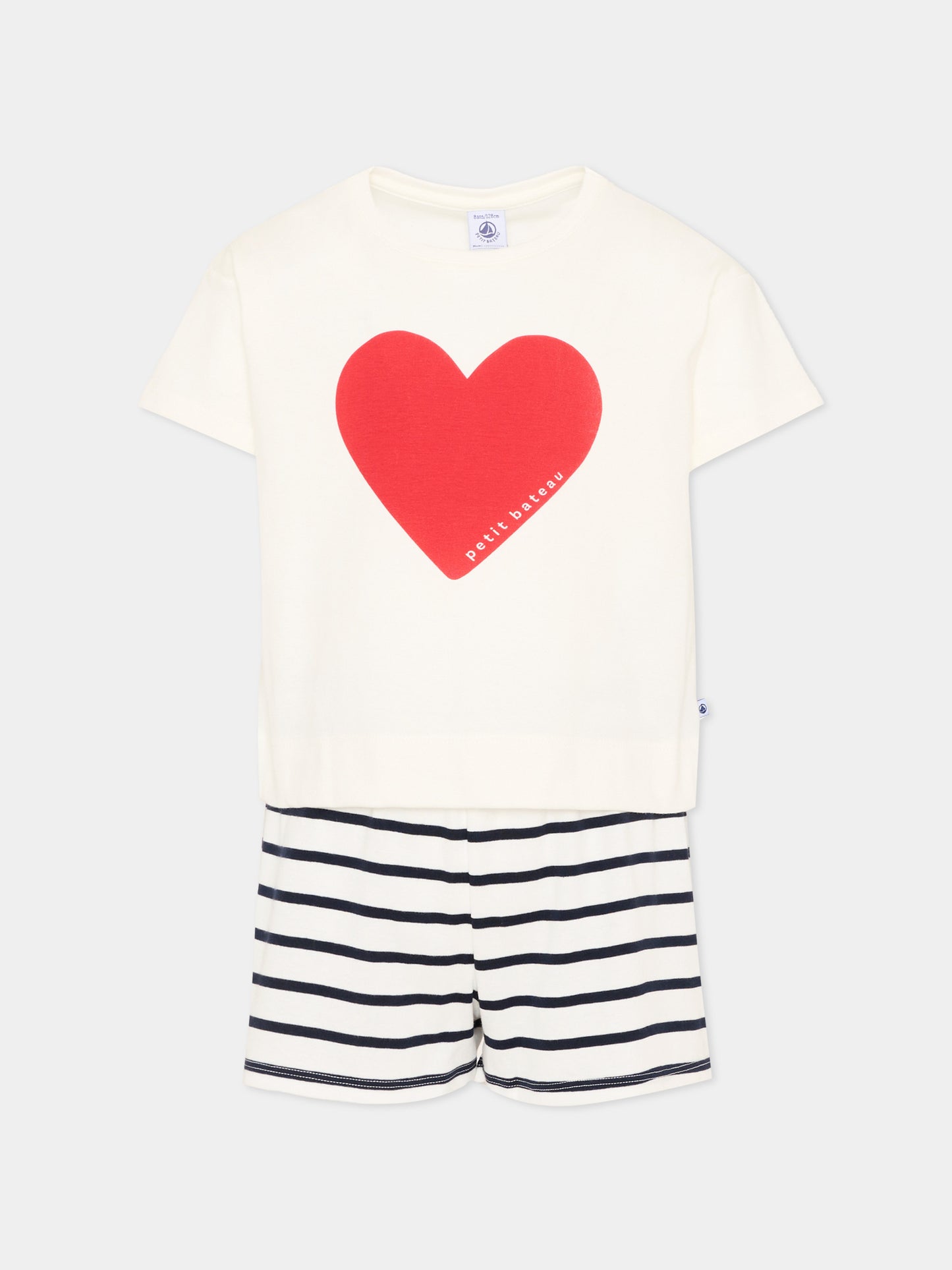 Pigiama bianco per bambina con cuore,Petit Bateau,A0CKD MARSHMALLOW/SMOKING 01