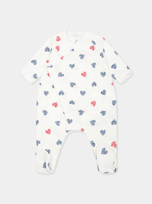 Tutina bianca per neonati con cuori all over,Petit Bateau,A0CFE MARSHMALLOW/MULTICO 01