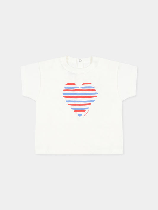 T-shirt bianca per neonati con cuore,Petit Bateau,A0CWB MARSHMALLOW/MULTICO 15