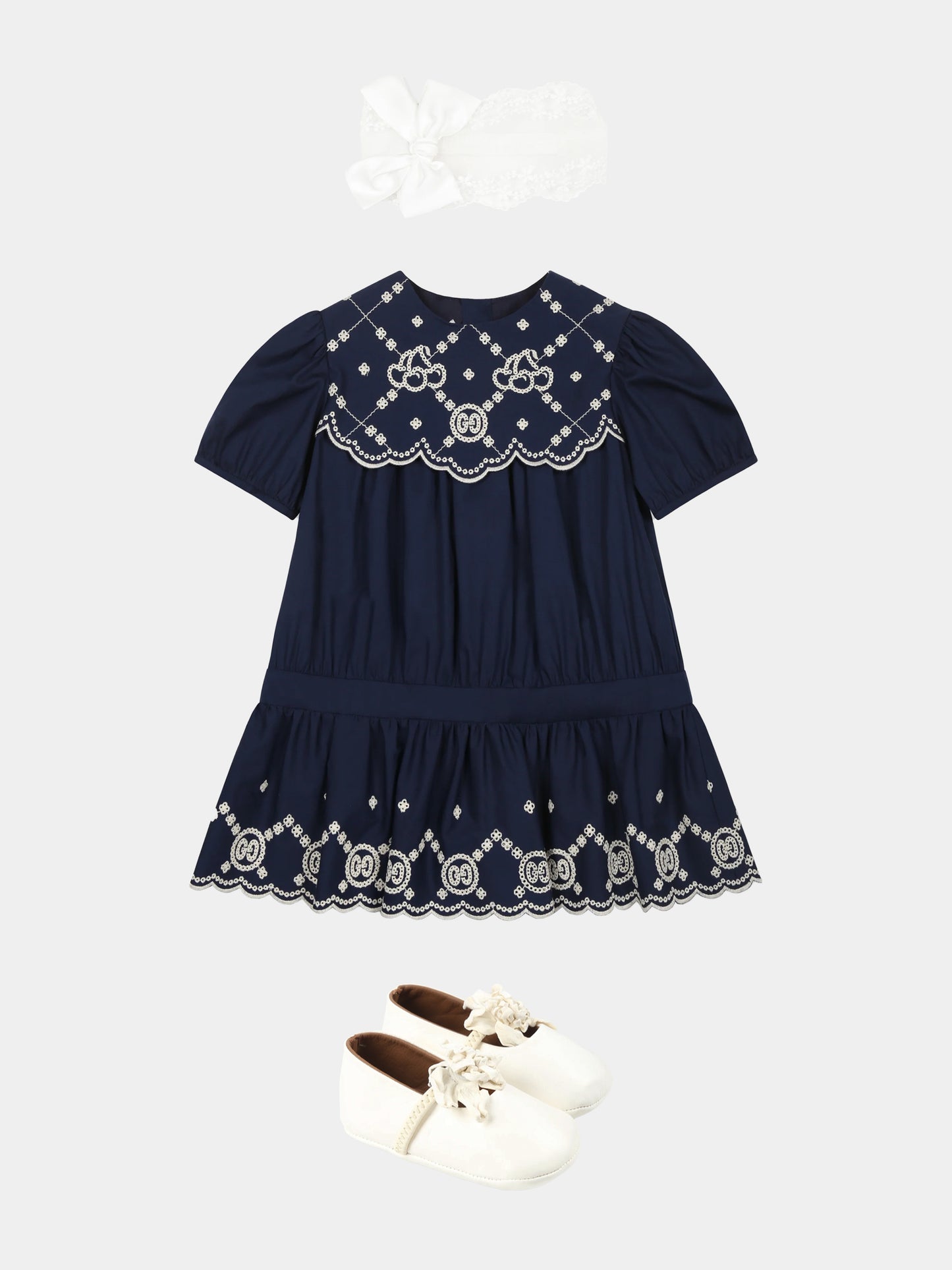 Blue dress for baby girl with GG cherry embroidery