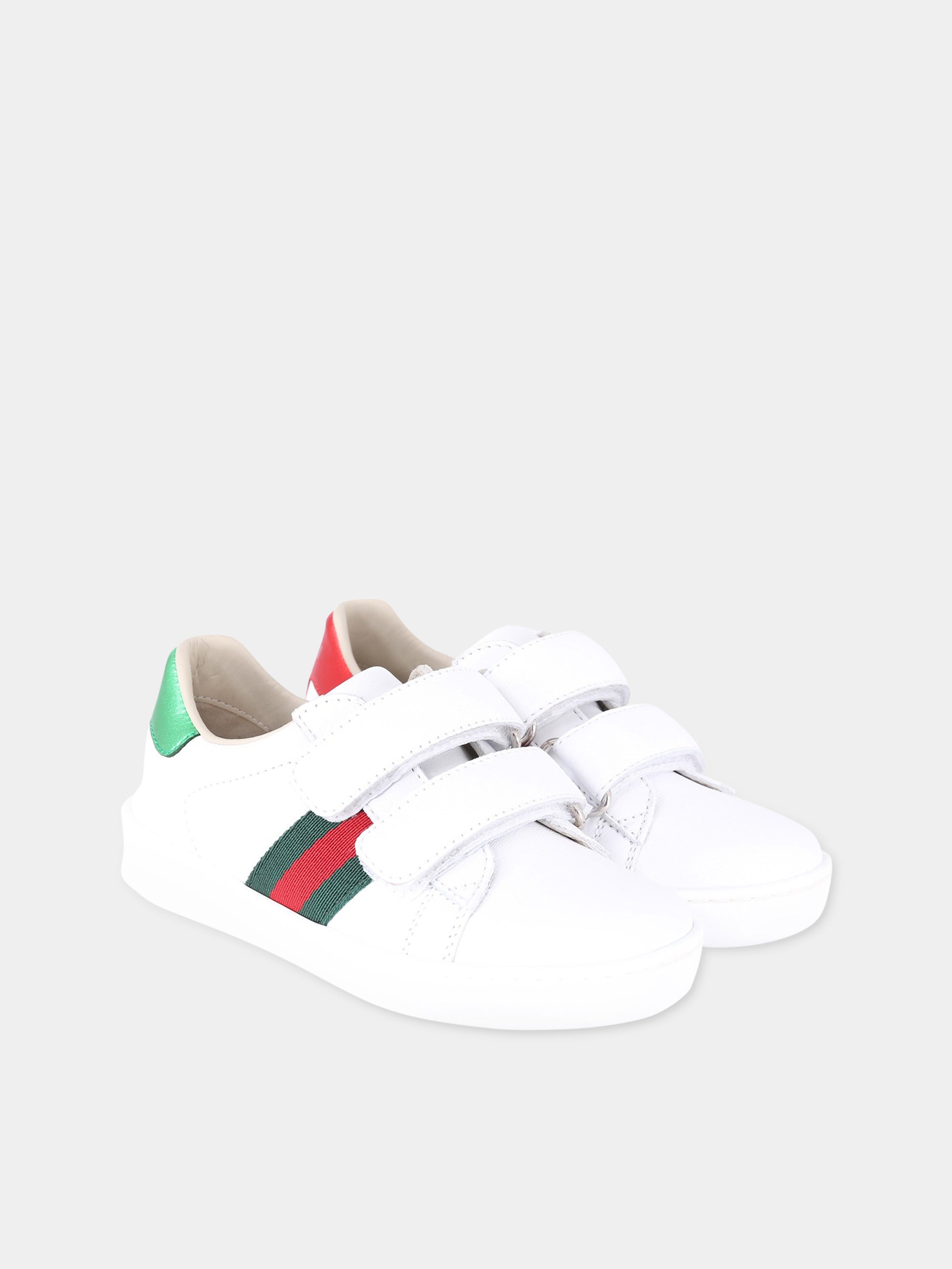 Sneaker bianche per bambini con dettaglio verde e rosso,Gucci Kids,455447/448/455496 CPWP0 9085