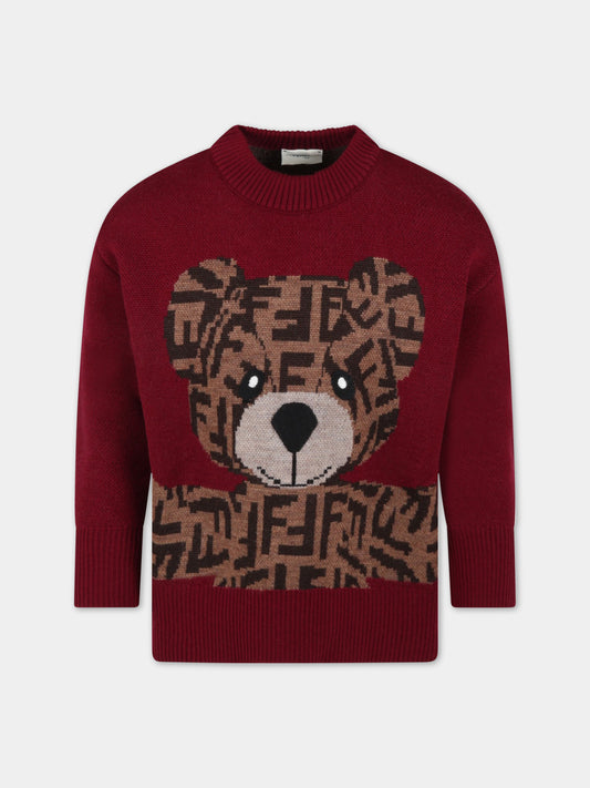 Maglione bordeaux per bambini con orso,Fendi Kids,JUG037 AJ3E F1I12