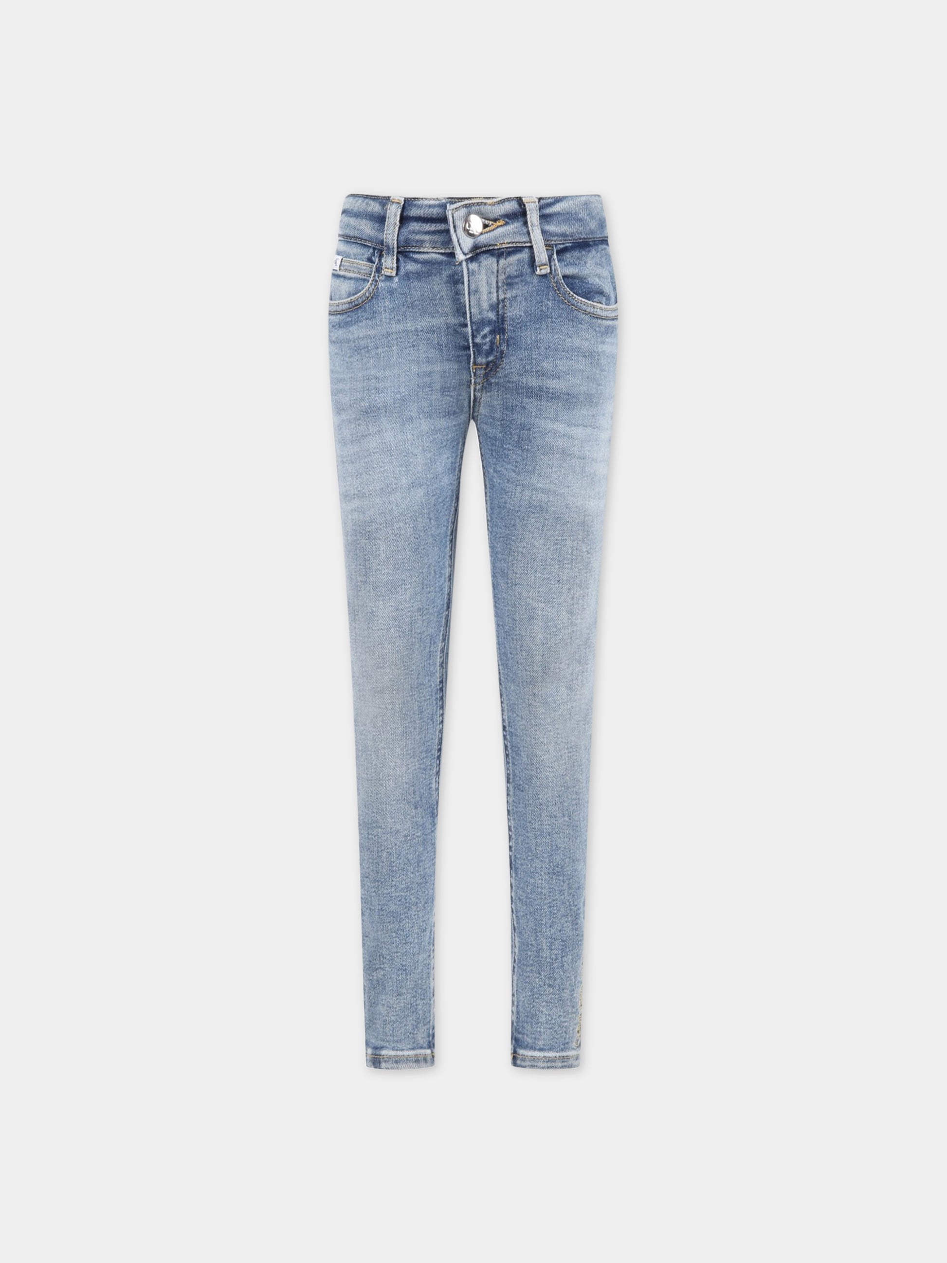 Jeans celeste per bambina con logo biege ricamato,Calvin Klein Kids,CKIG0IG01881 IG0IG01881 1A4