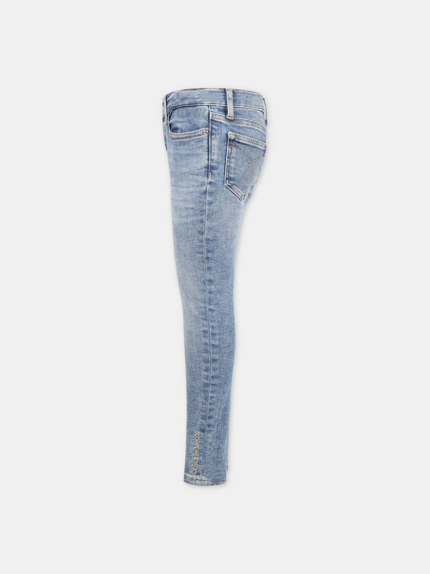 Jeans celeste per bambina con logo biege ricamato,Calvin Klein Kids,CKIG0IG01881 IG0IG01881 1A4
