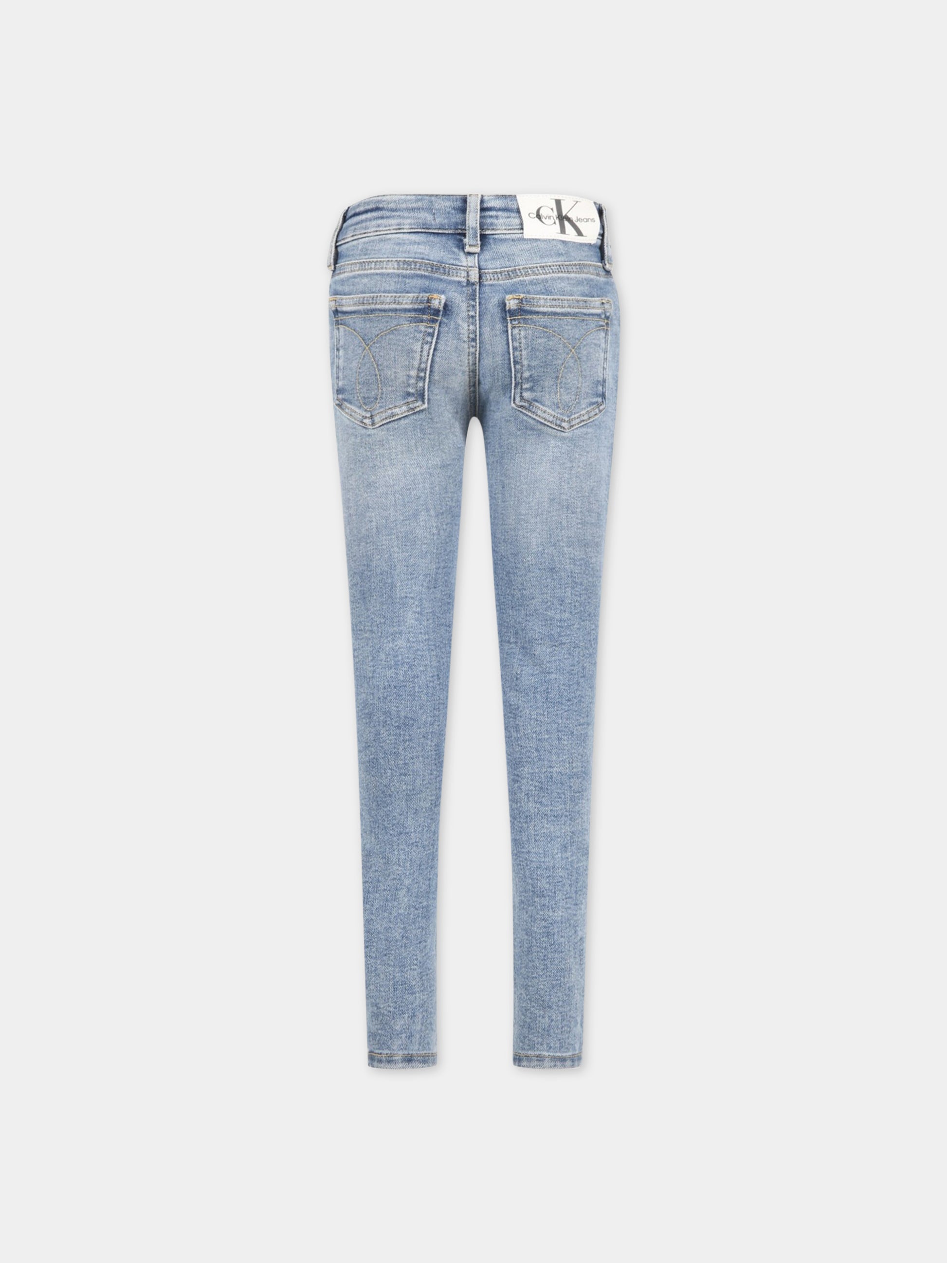 Jeans celeste per bambina con logo biege ricamato,Calvin Klein Kids,CKIG0IG01881 IG0IG01881 1A4