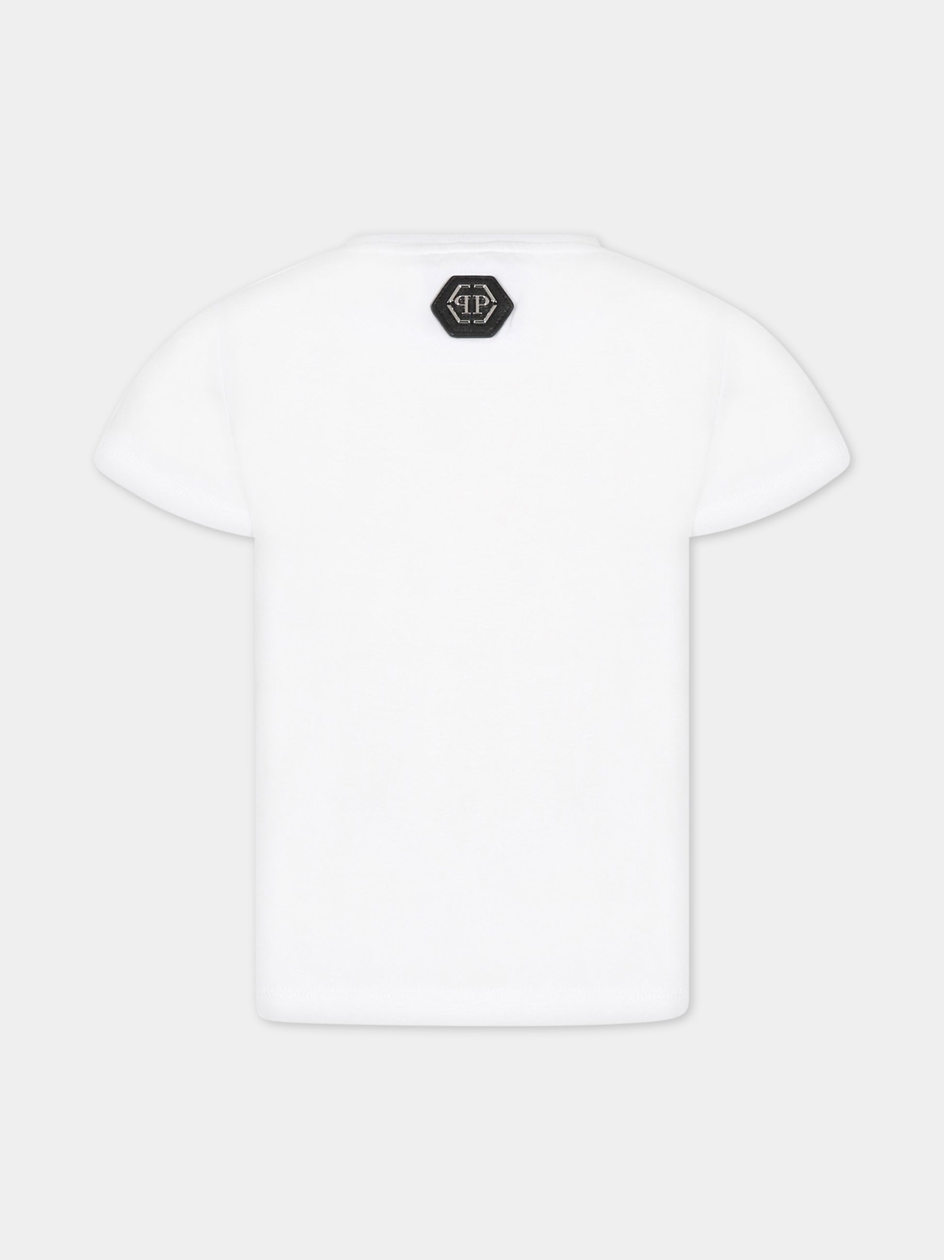T-shirt bianca per bambino con stampa e logo,Philipp Plein Junior,2XM00D LAA24 10101