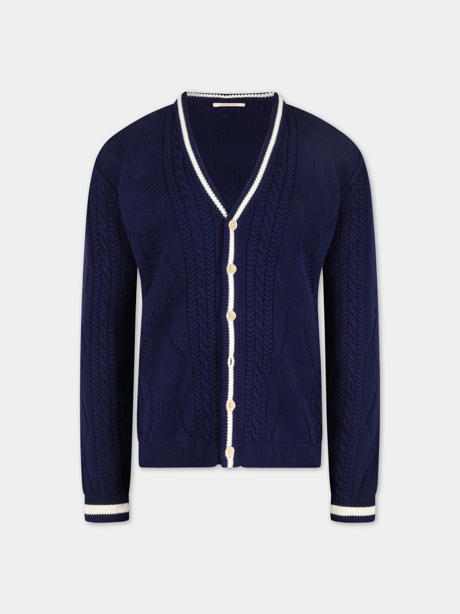 Cardigan blu per bambino con patch logato,Gucci Kids,713134 XKCR1 4347