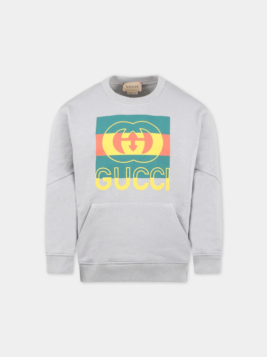 Felpa grigia per bambino con logo GG giallo,Gucci Kids,732466 XJEZT 1031