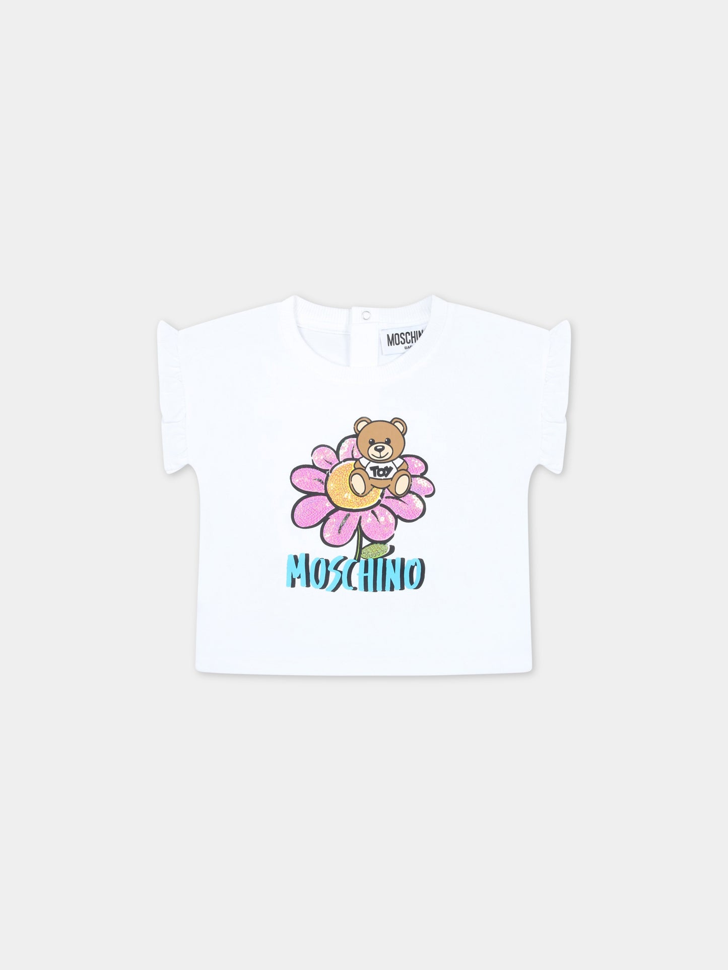 T-shirt bianca per neonata con fiore e Teddy Bear,Moschino Kids,MDM039 LBA08 10101