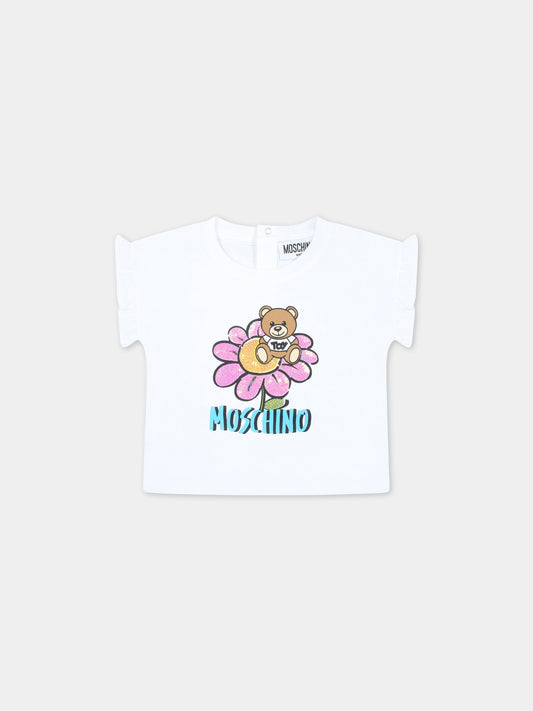 T-shirt bianca per neonata con fiore e Teddy Bear,Moschino Kids,MDM039 LBA08 10101