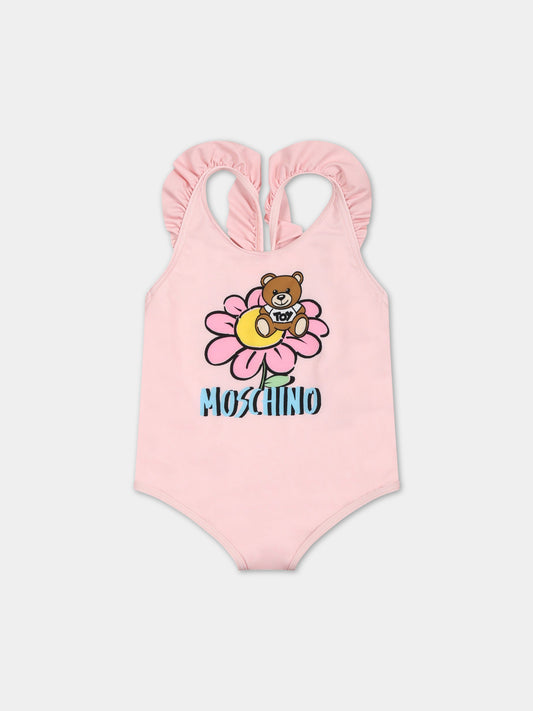 Costume rosa per neonata con Teddy bear e logo,Moschino Kids,MDL00L LKA00 50209