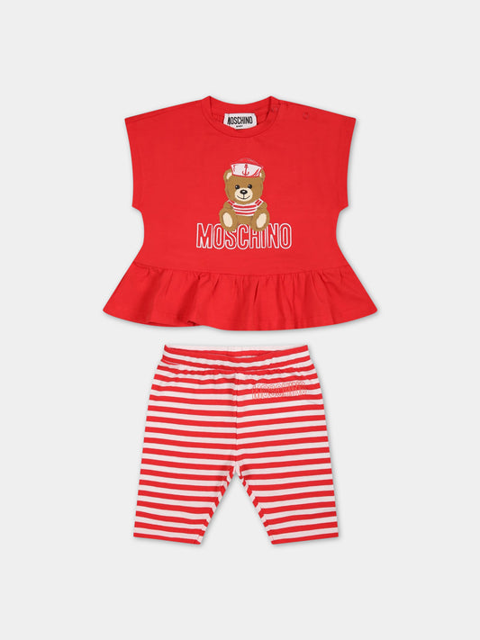 Completo rosso per neonata con Teddy Bear e logo,Moschino Kids,MDG00R LBE05 84615