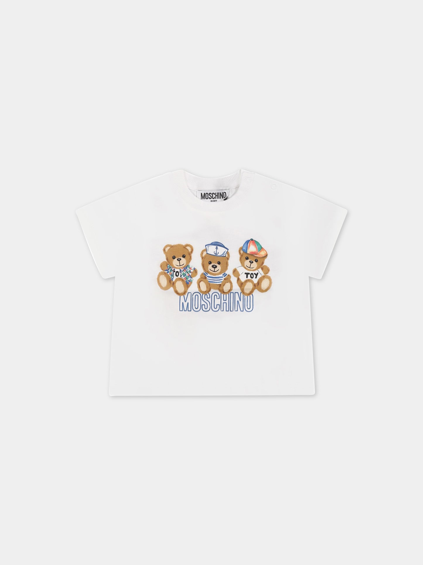 T-shirt bianca per neonati con Teddy Bear e logo,Moschino Kids,MRM032 LAA02 10101