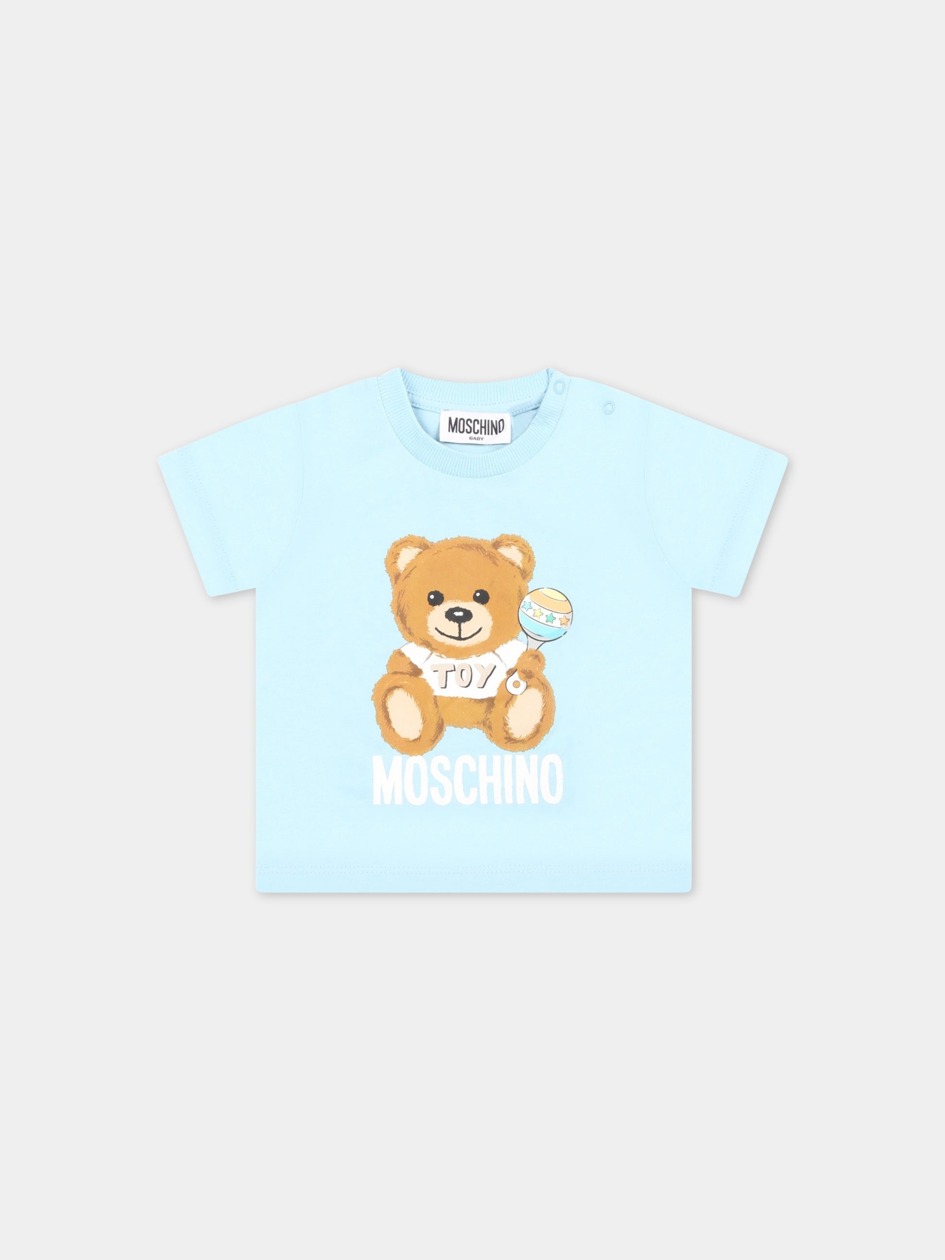 T-shirt celeste per neonato con Teddy Bear e logo,Moschino Kids,MOM032 LAA03 40304