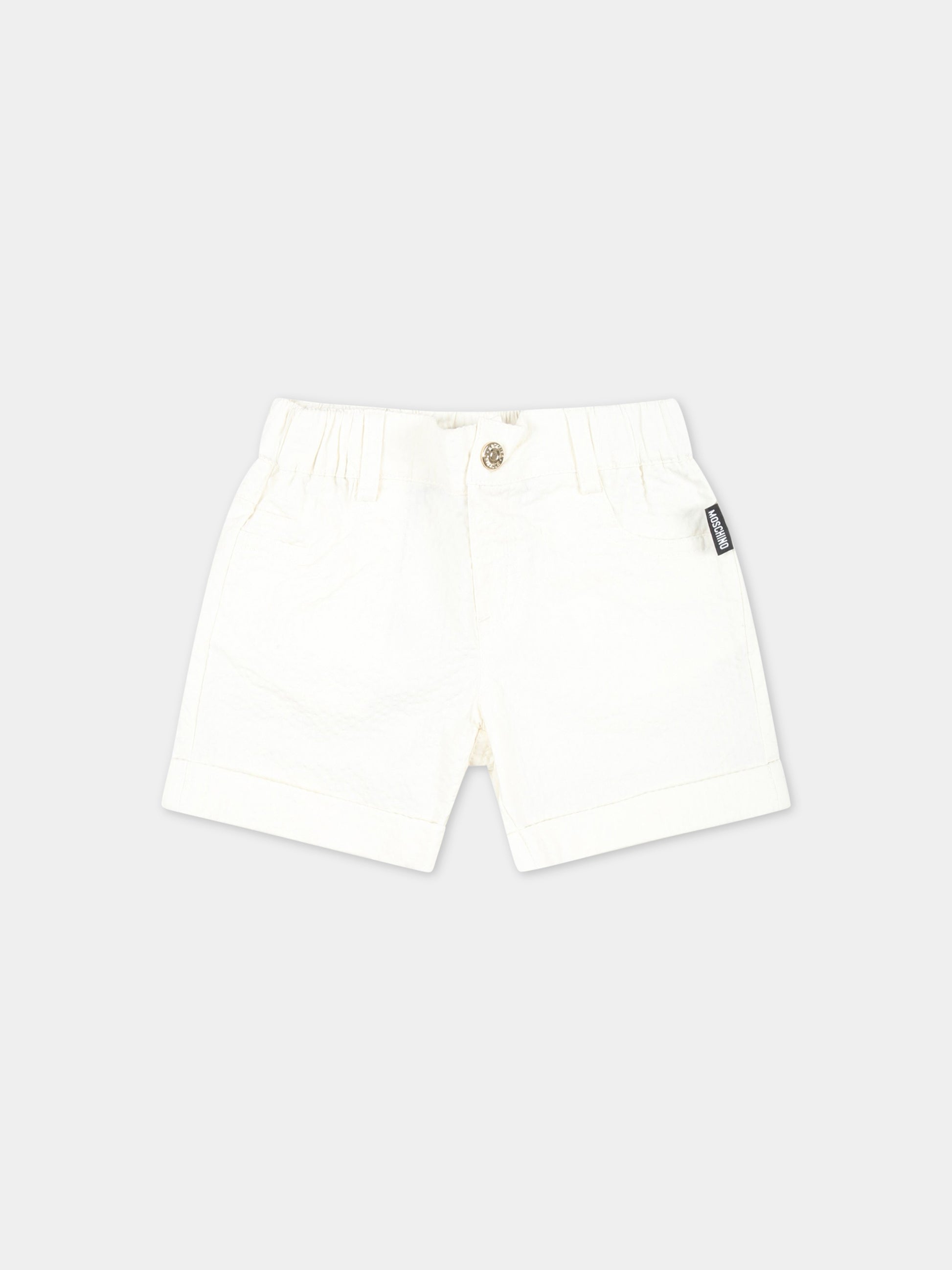 Bermuda bianchi per neonato con patch logato,Moschino Kids,MUQ00T LZA15 10063