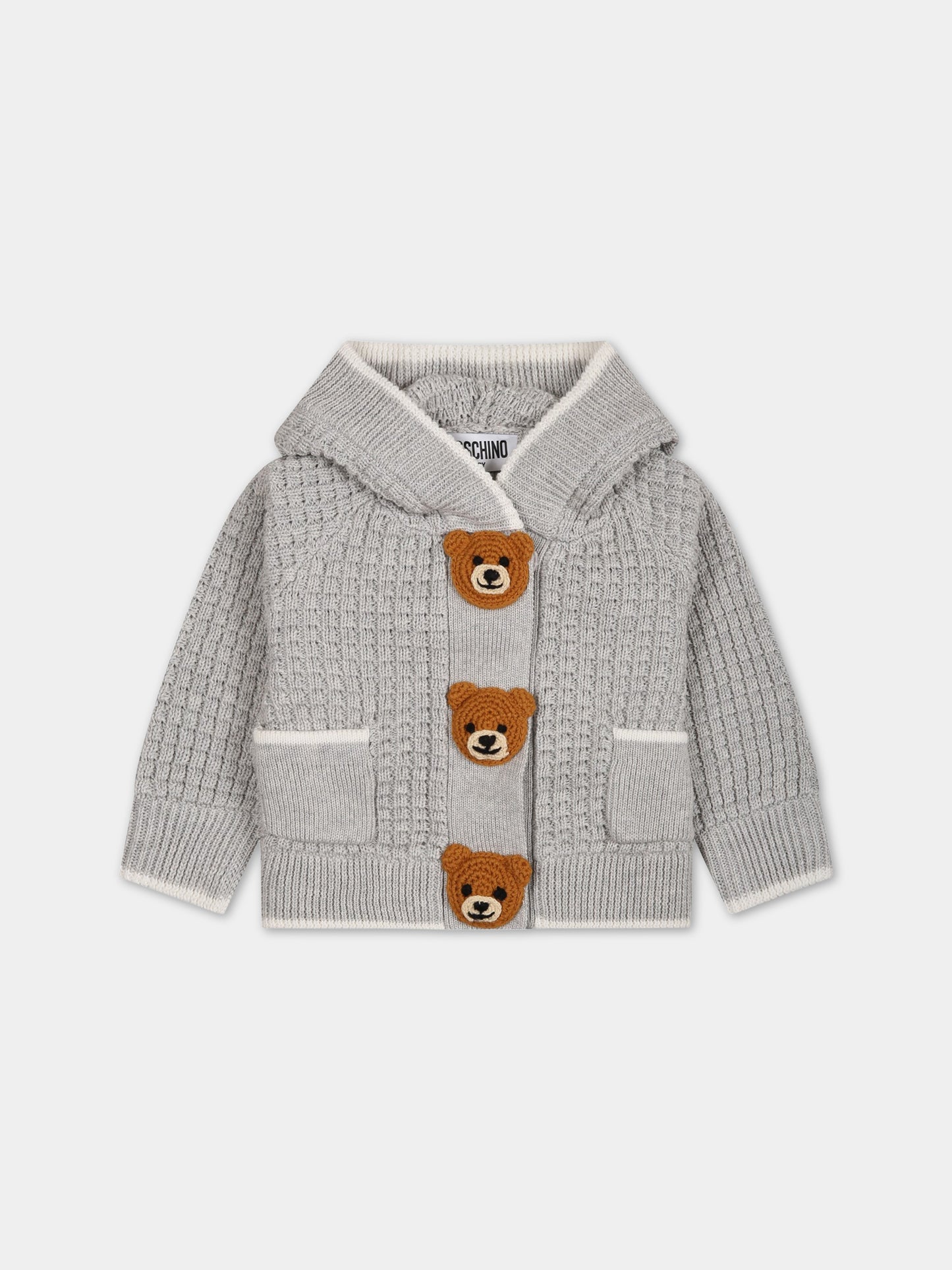 Cardigan grigio per neonato con Teddy bear,Moschino Kids,MUW00S LHE13 60926