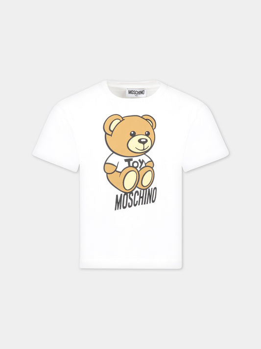T-shirt bianca per bambino con Teddy Bear e logo nero,Moschino Kids,HMM046 LBA10 10101