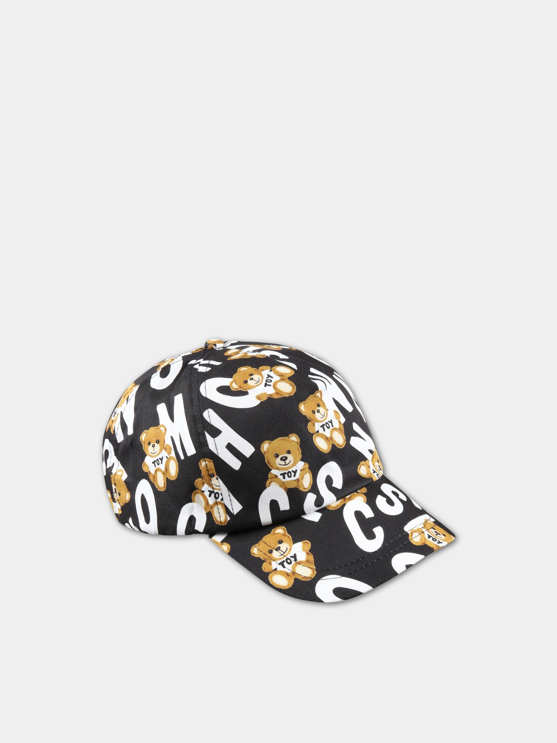 Cappello nero per bambino con Teddy Bear e logo bianco,Moschino Kids,HOX01N LOB10 84291
