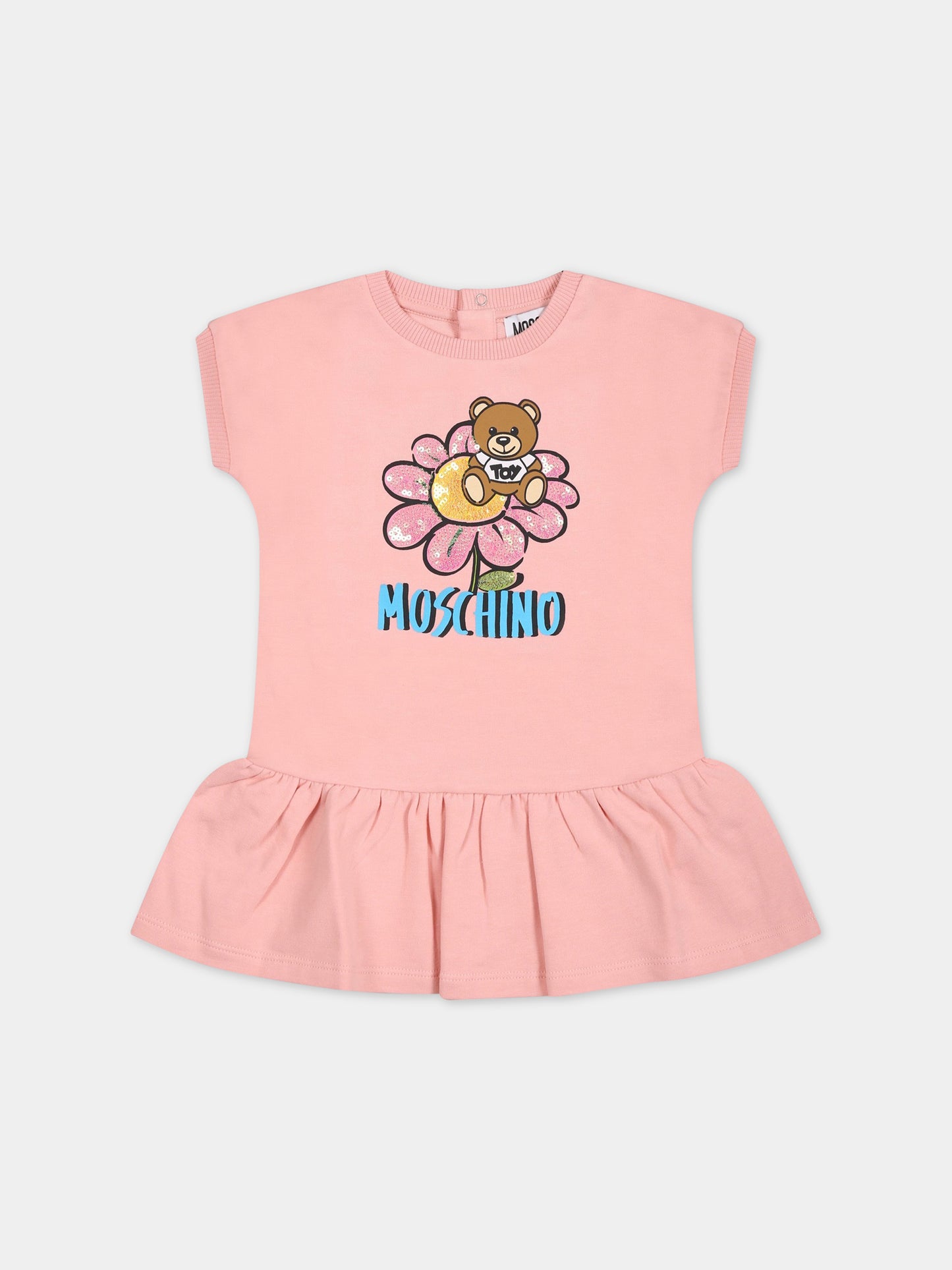 Vestito rosa per neonata con Teddy Bear e fiore,Moschino Kids,MEV06U LDA12 50209