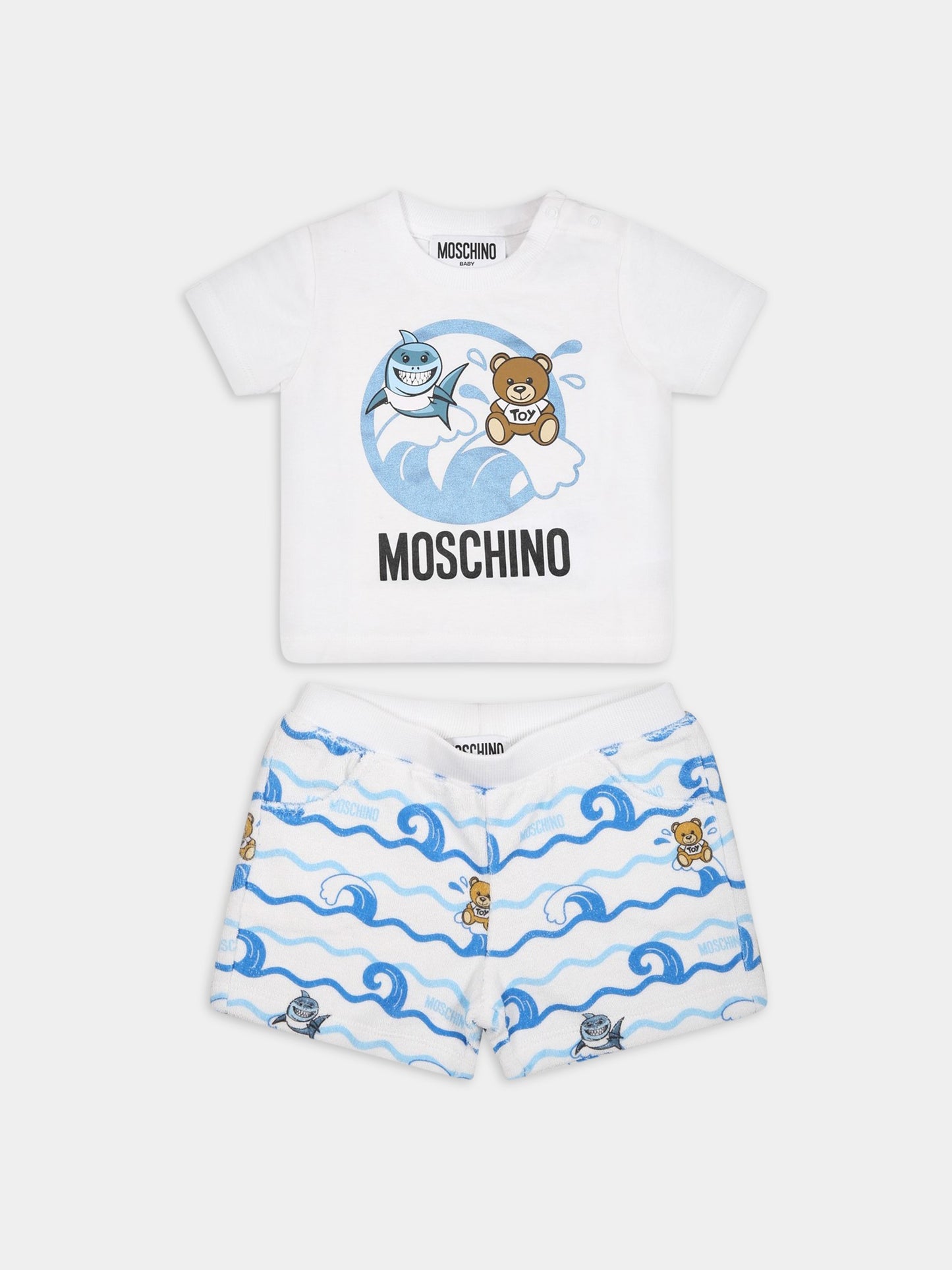 White outfit for baby boy with Teddy Bear, logo and print